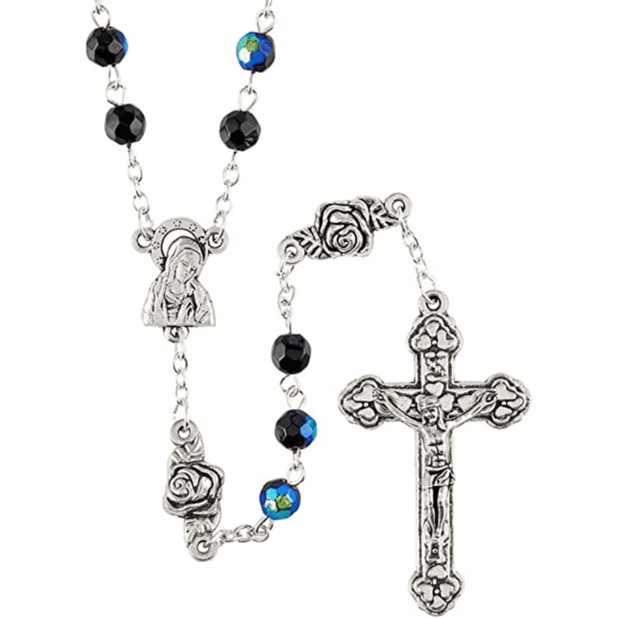 Rosebud Our Father Jet Black Beaded Rosary, Catholic Prayer Beads for