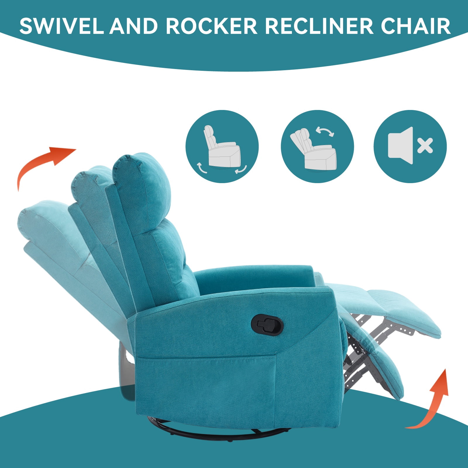 360°Swivel Rocker Recliner, PAPROOS Small Rocking Recliner Chair for Small Spaces, Home Theater Recliner with 2 Side Pockets, Nursery Glider Recliner, Manual Recliner for Adults for Living Room, Blue