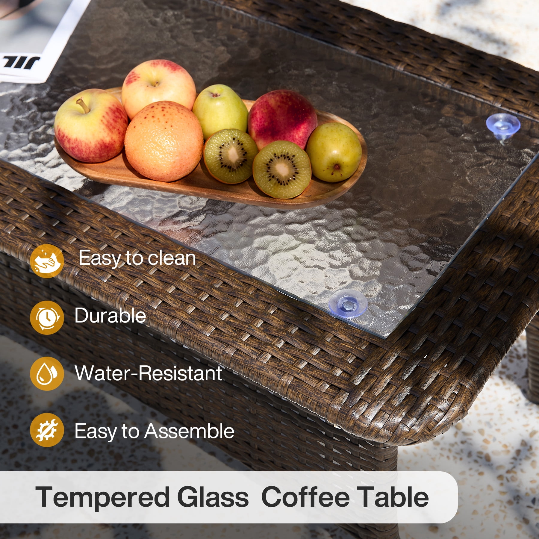 Fnova Outdoor Wicker Rectangular Coffee Table, PE Rattan Patio Table with Tempered Glass Top, Large Outdoor Furniture for Patio Backyard Garden