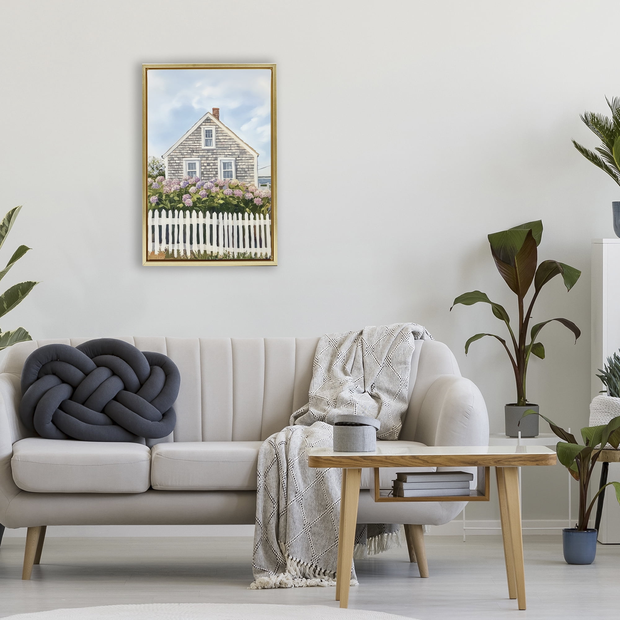 Stupell Industries Coastal Cottage Hydrangea Garden Gold Framed Floater Canvas Wall Art, design by Sisi and Seb