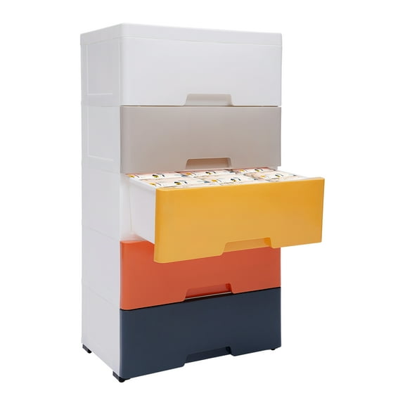 Peakora Plastic drawers dresser with 5 pull-out drawers, large capacity, strong load-bearing, mobile with 4 wheels, ideal for organizing bedroom, bathroom, or living room