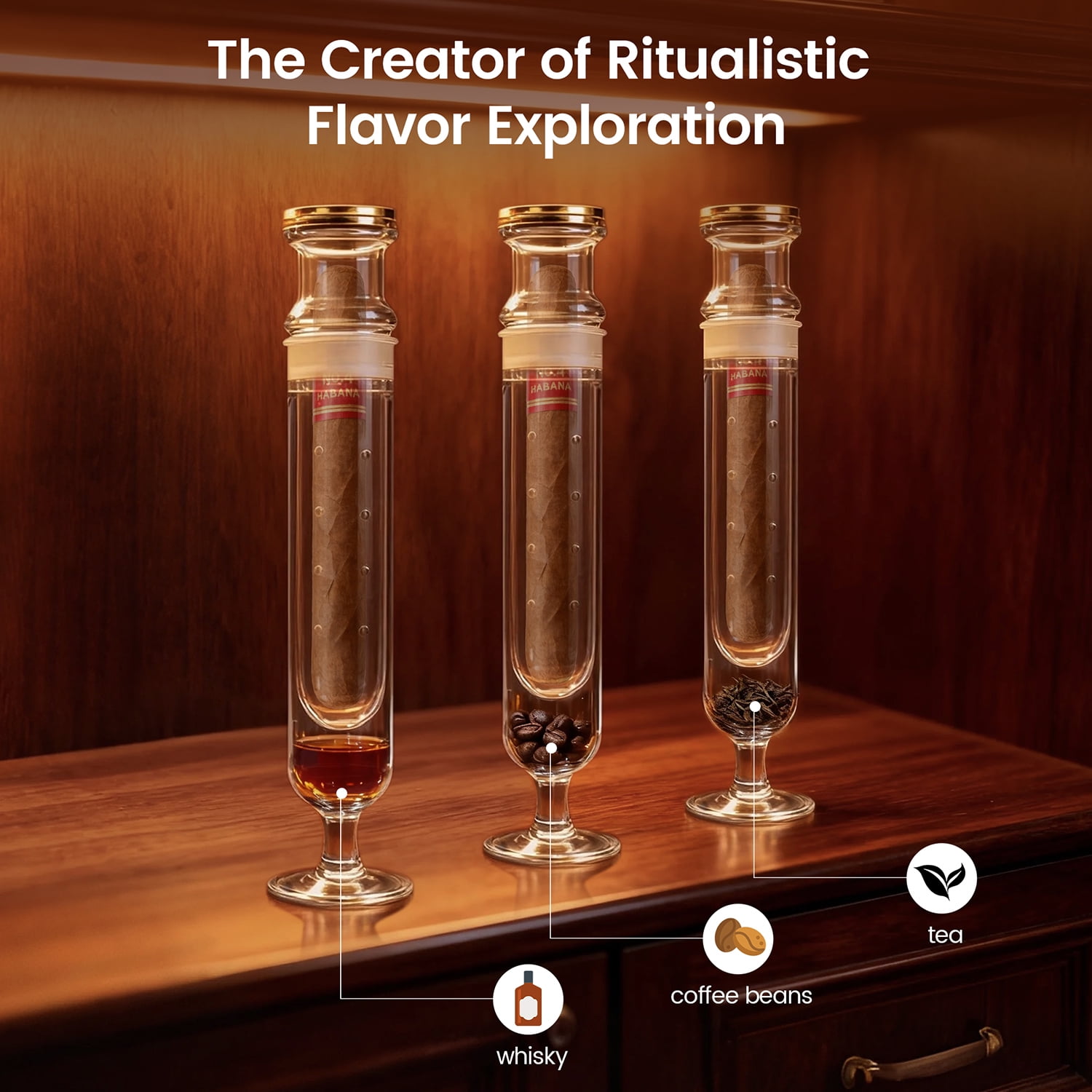 Glass Cigar Aromatherapy Humidor Tube Kit with Hygrometer, Borosilicate Glass Construction, Built-in Stand Base, 256x50mm, 8 Air Vents, Dual Chamber Design