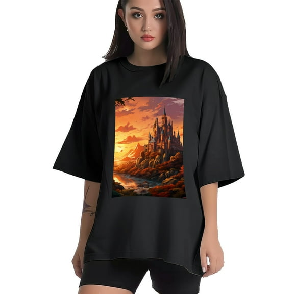 Plus Size Shirt for Women Black Tops for Women Short Sleeves Shirt for Women Castle (80） T Shirt Crewneck Shirt for Women XS