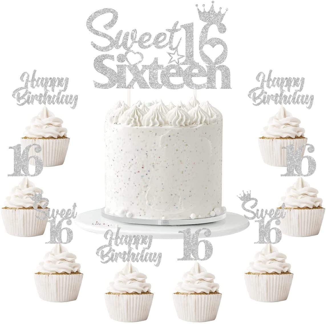 25 Pack 16th Birthday Cake Decorations, Sweet 16 Sixteen Cake Topper, Happy Birthday Sweet 16 Cupcake Toppers Silver for Boys Girls Happy 16th Birthday Party Supplies