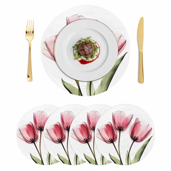 Pink Tulips Round 15 Inch Placemats Set of 4, Green Leaf Country Flower White Botanical HeatResistant Non Slip Place Mats for Dining Table, Wipeable Braided Kitchen Table Mats for Housewarming