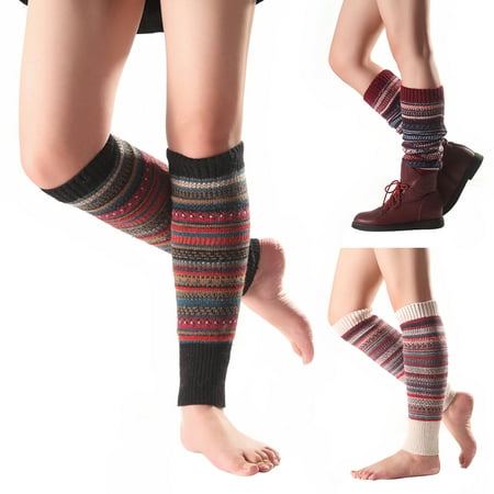 

Women Christmas Striped Knitted Leg Warmers Winter Footless Knee High Fashion Warm Boot Cover Socks