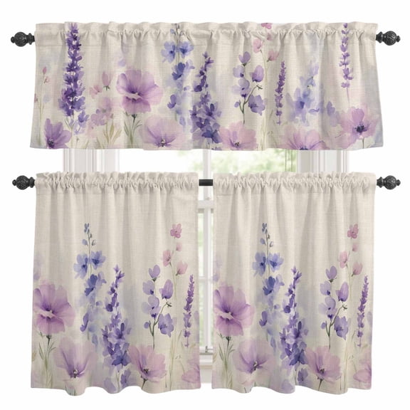 Floral Lavender Kitchen Curtains Sets for Windows 24 Inch Length, Spring Wildflower Print Idyllic Spring Rod Pocket Window Treatments Tier Curtains and Valances Set for Bedroom/Bathroom