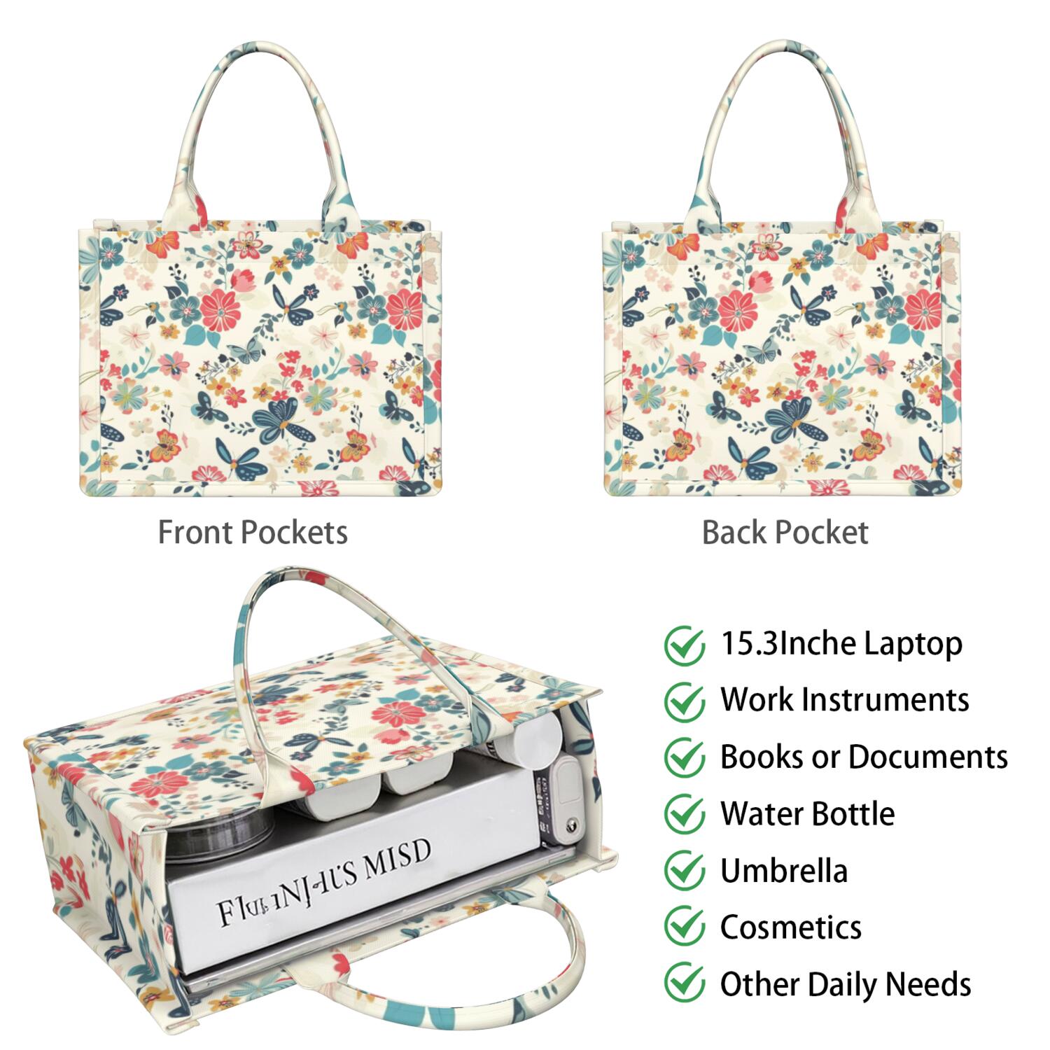 Large Capacity Tote Bag,Pioneer Flower Floral Print Pattern Handbag Fashion Luxury Tote Bag,15.7"x13"x 5.1" Inches,Laptop Compatible