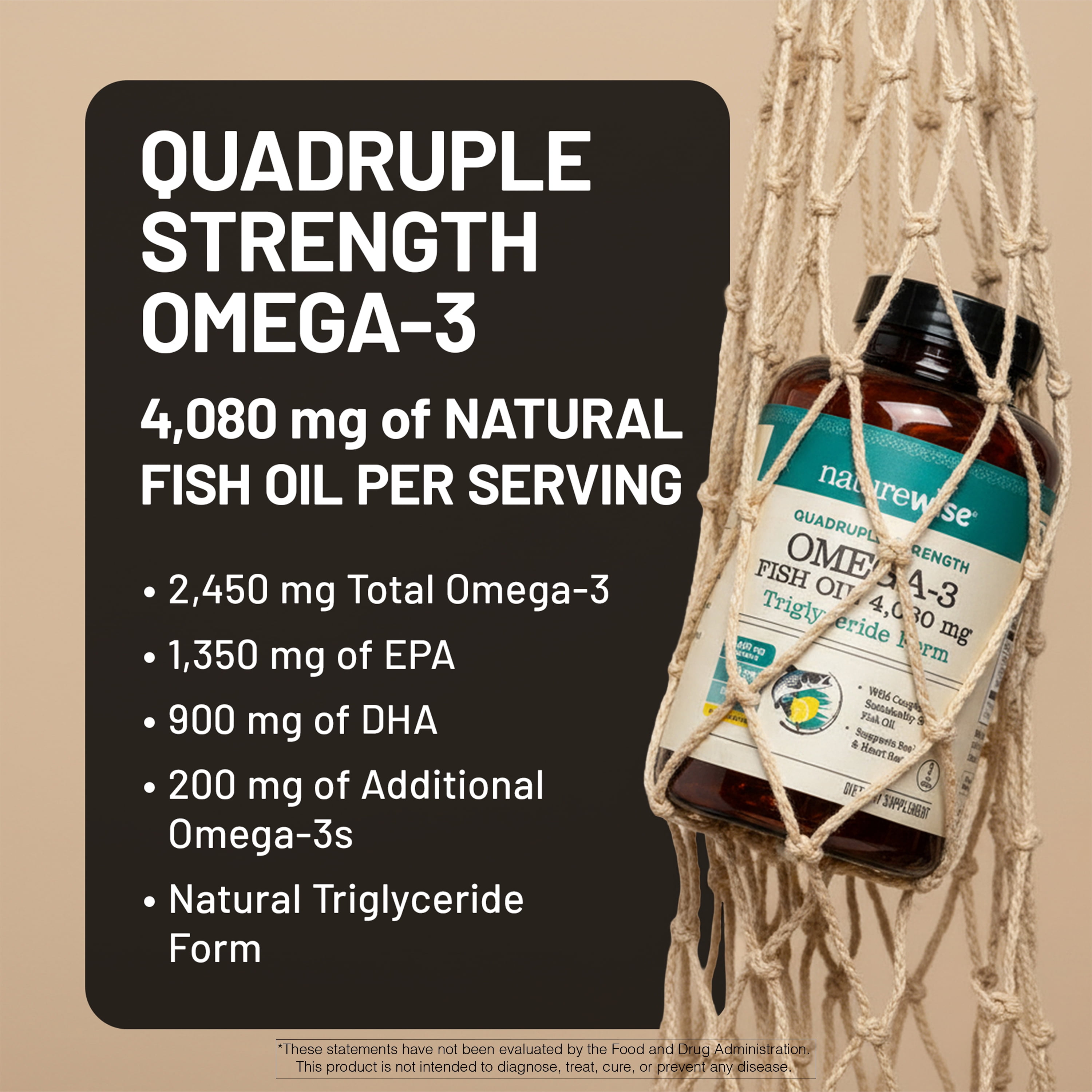 NatureWise Quadruple Strength Omega 3 Fish Oil 4080mg- Natural TG Form + Wild Caught - 2450mg Omega 3 + 1350mg EPA 900mg DHA - Burpless - Non-GMO & USA Manufactured - 120 Softgels[40 Day Supply]