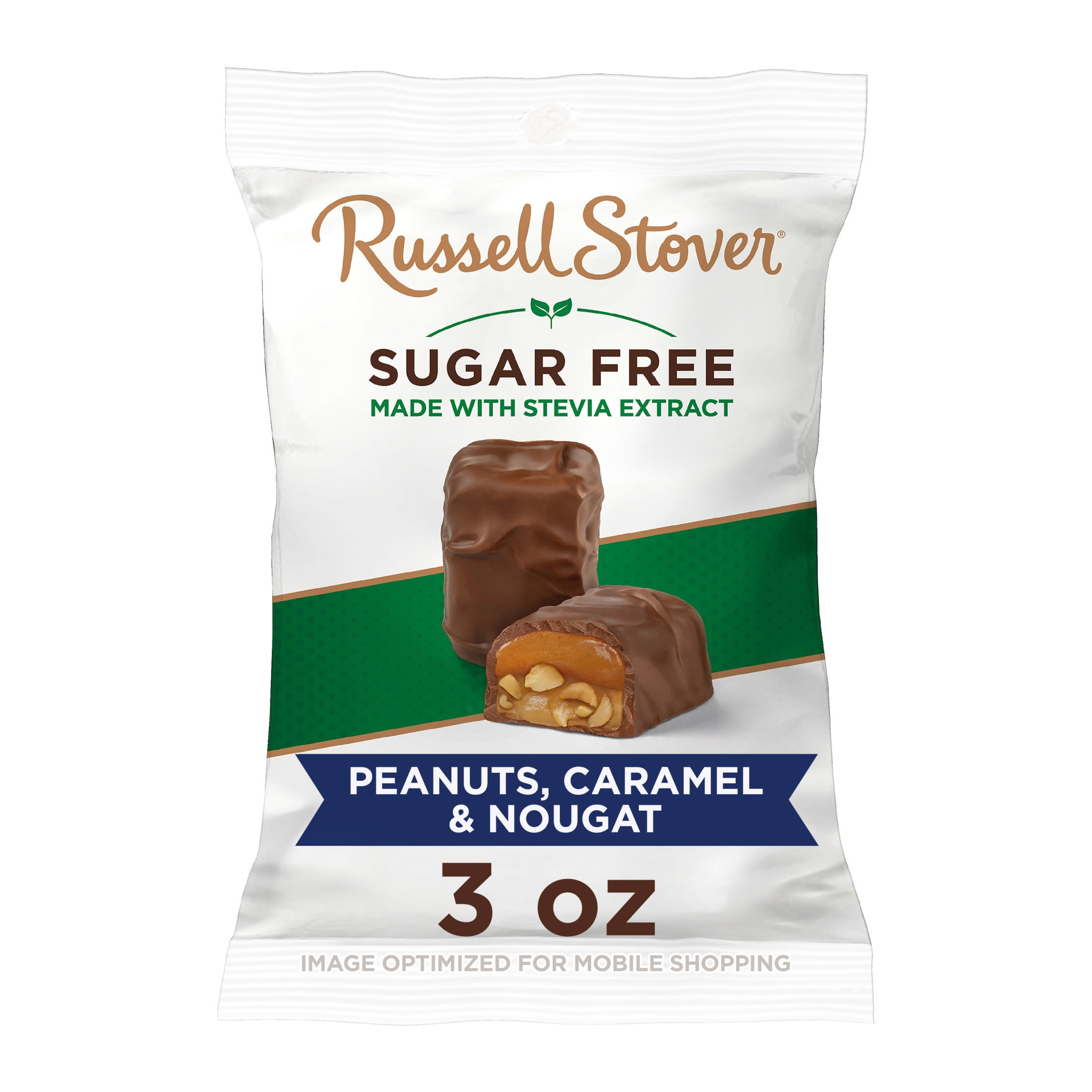 RUSSELL STOVER Sugar Free Peanuts Caramel Nougat Covered in Chocolate Candy 3 oz. bag 5 pieces