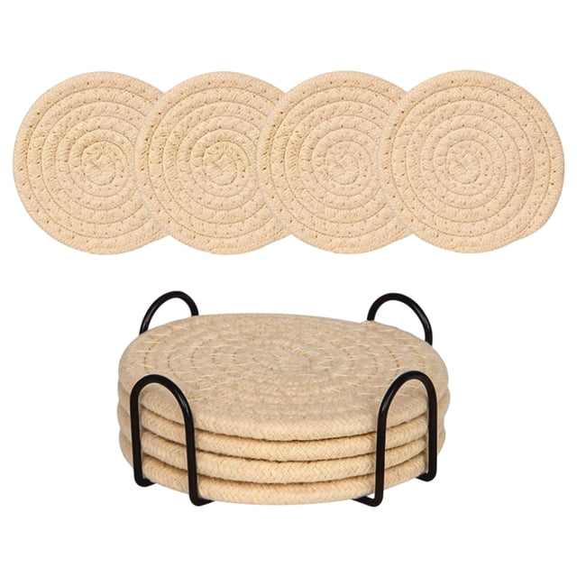 4Pcs Coaster With Metal Holder, Drink Coasters With Holder, Cotton Woven Absorbent Coasters for Drinks, Minimalist Home Decor Coaster Set for Wooden Tabletop Protection Table, H