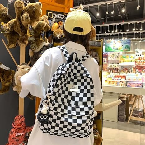 Checkered Backpack, Lightweight Casual Plaid School Backpack with Cute Pom‑pom Pendant, Fashion Daypack for School Travel Daily Use