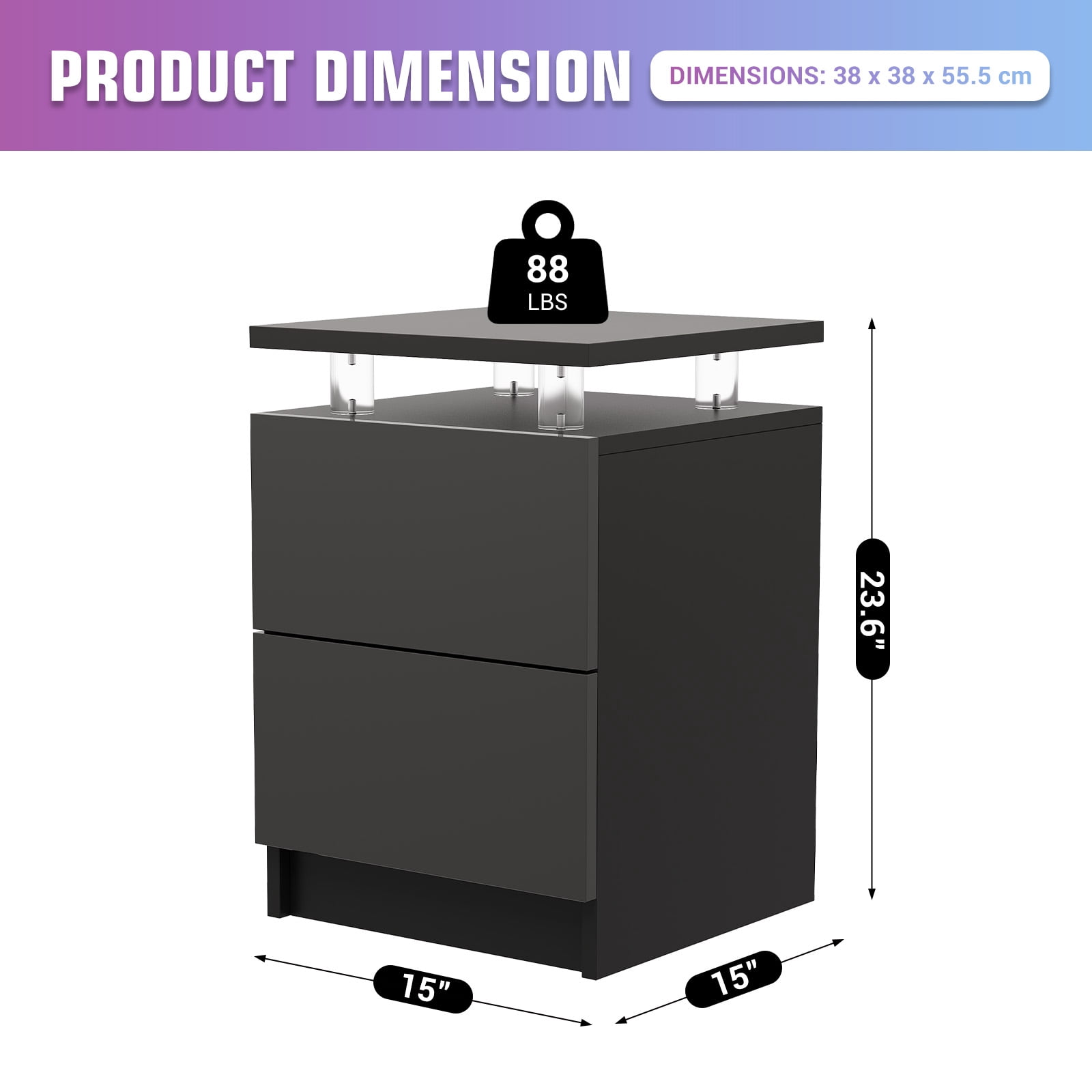 BaPiPro LED Nightstand Set of 2, Modern LED End Table with 2 Drawers, Bedside Table with Lighting for Bedroom, Living Room, Black