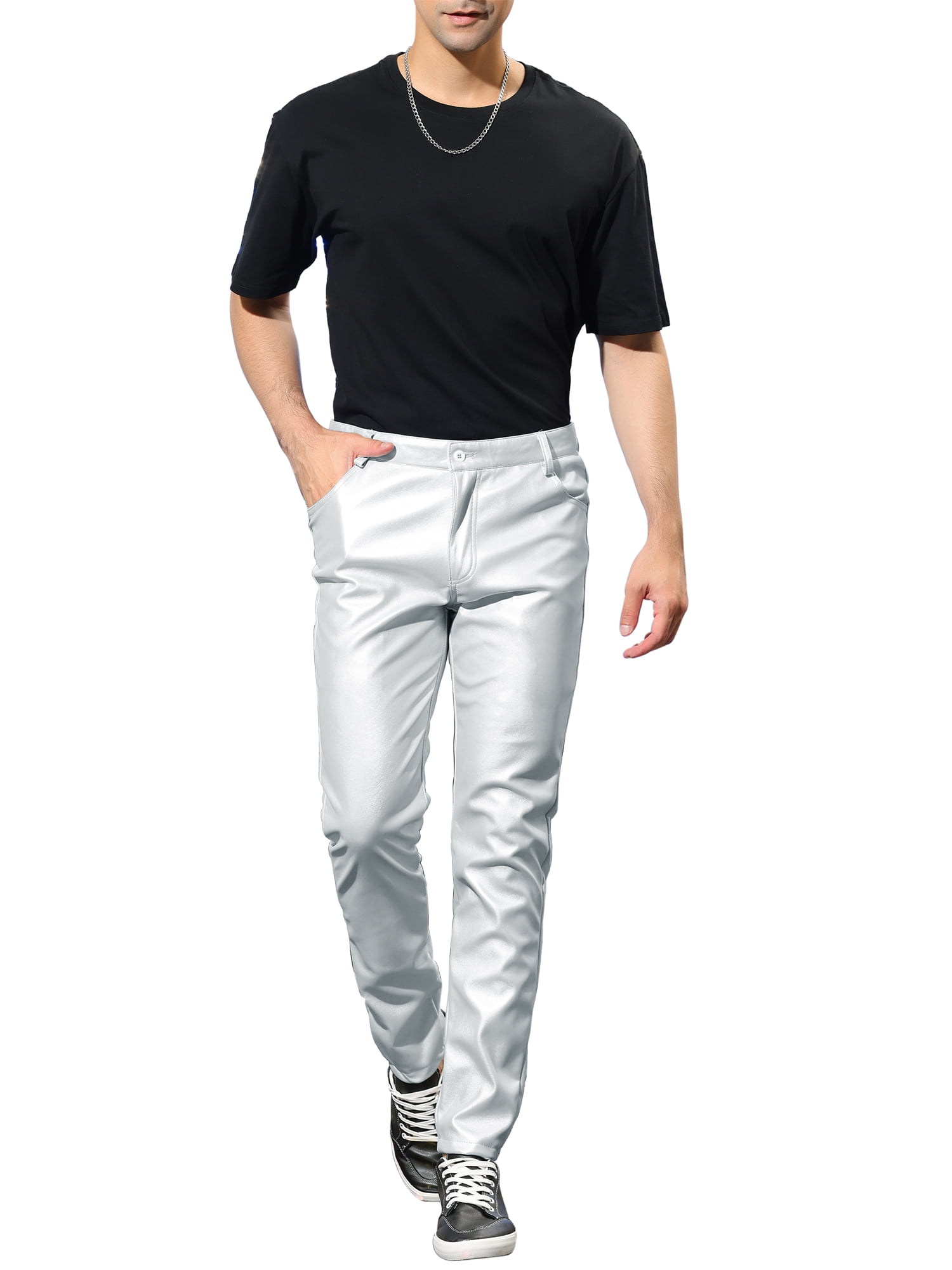 Unique Bargains Men's Metallic Slim Fit Night Club Disco Shiny Faux Leather Pants 34 Silver