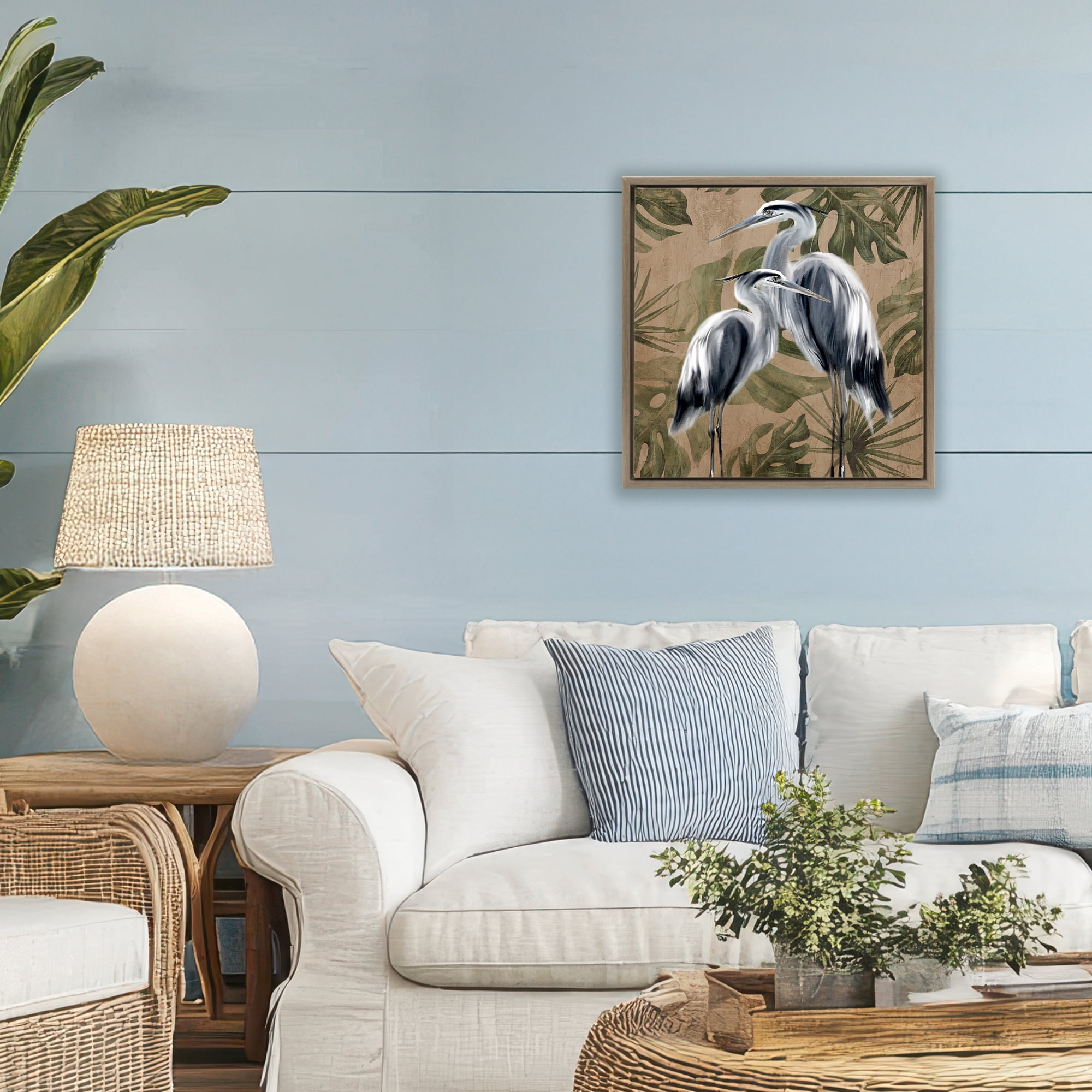 Stupell Industries Two Herons over Tropical Leaves Brown Framed Floater Canvas Wall Art, design by Kim Allen