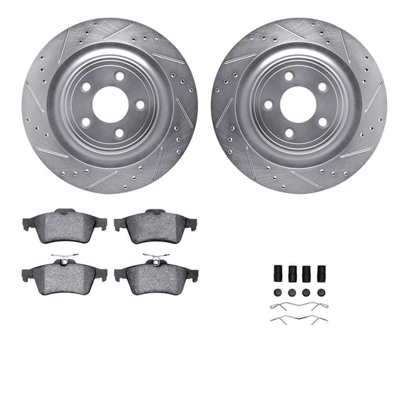 Dynamic Friction Company Rear Brake Rotors-Drilled and Slotted-Silver with 5000 Euro Ceramic Brake Pads includes Hardware 7612-20011