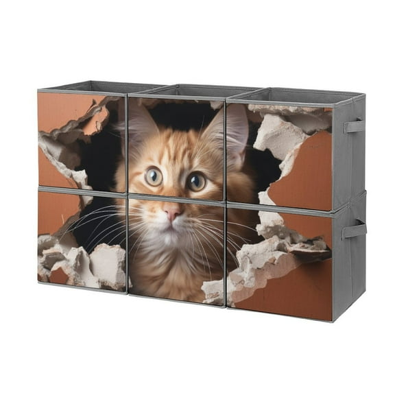 Collapsible Oxford Fabric Storage Cubes with Handles, Large Mid Foldable Oxford Cloth Bins Set of 2/6, Closet Organizers for Shelves Clothes Home Kitchen Toy - Cat