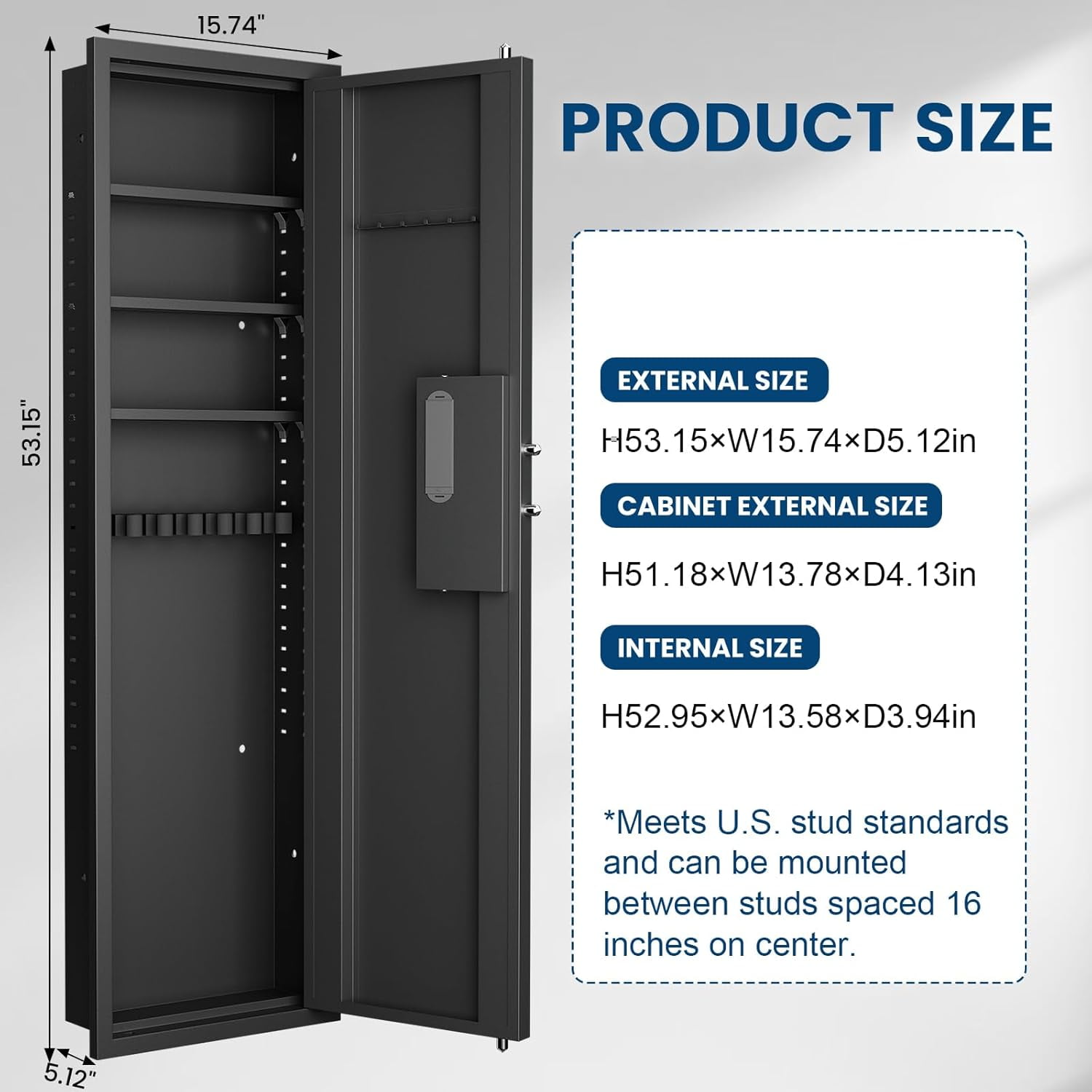 53.15" Tall Wall Safe Between the Studs 16" Centers, Hidden Wall Safes With Removable shelfs and Adjustable Gun Rack, Biometric Wall Gun Safe for Home Rifle, Cash, Jewelry, Documents - Black