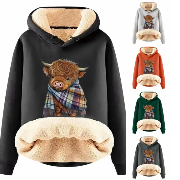 XIAOCHA Womens Highland Cow Animal Print Hoodie Relaxed Fit Fall Daily Long Sleeve Hoodies