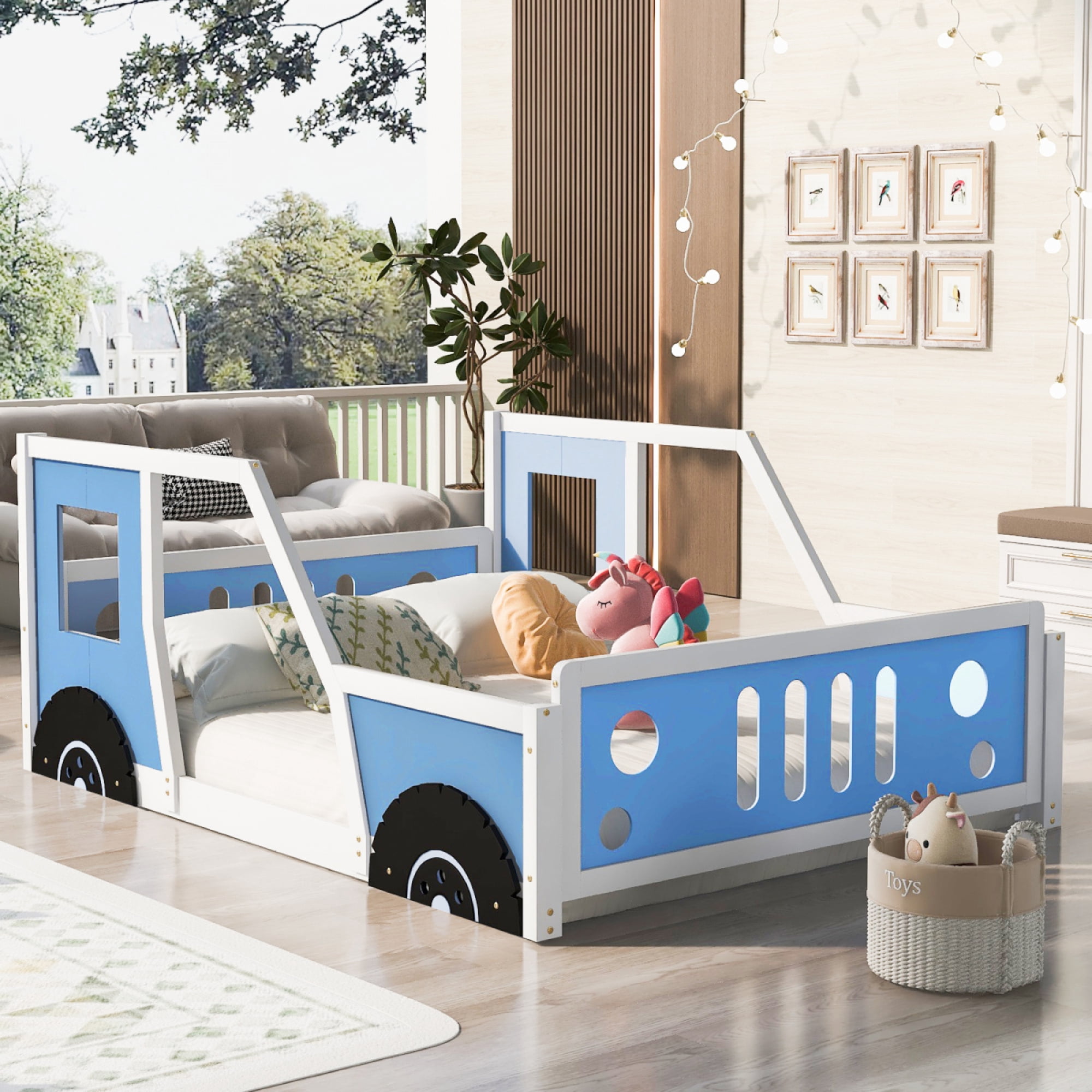 Full Size Classic Car-Shaped Platform Bed with Wheels, Wooden Kids Bed Frame for Bedroom, No Box Spring Needed,Blue