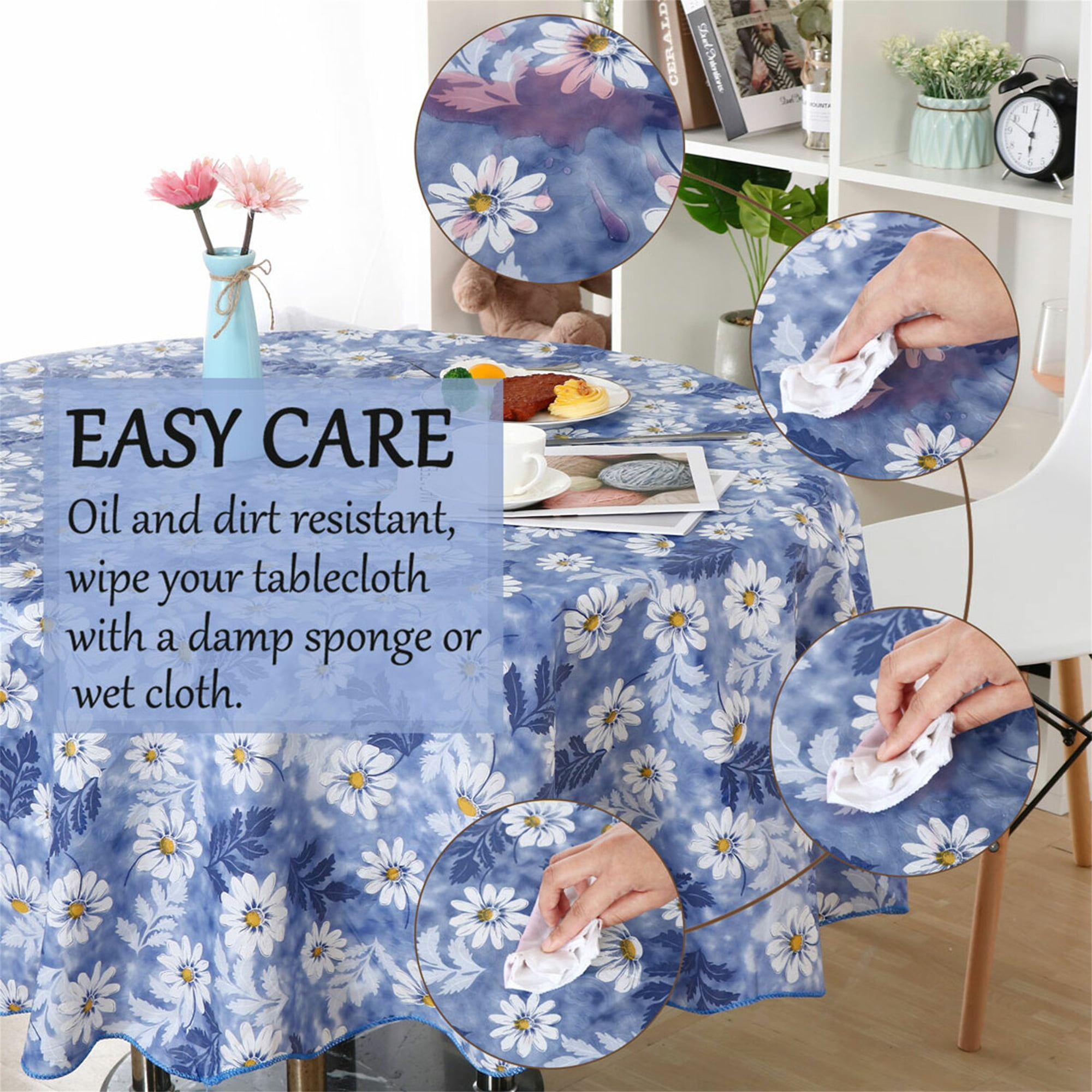 Unique Bargains Floral Decoration Round Vinyl Waterproof Tablecloth Blue 60" Dia