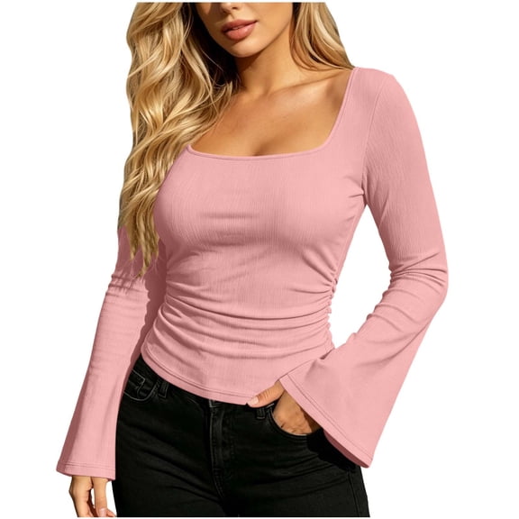 CHGBMOK Women's Flared Long Sleeve Shirts Square Neck Blouse Fall Outfits Ribbed Slim Fit Work Tops