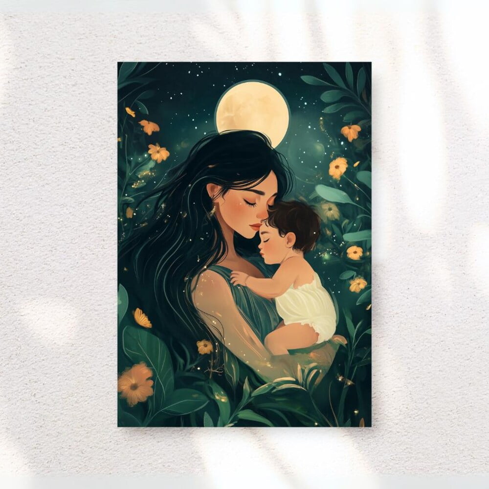 Mother And Child Under Stars And Moon - Nursery Art - Art - Mother And Son - Mother And Daughter - Gift For New Mom Art