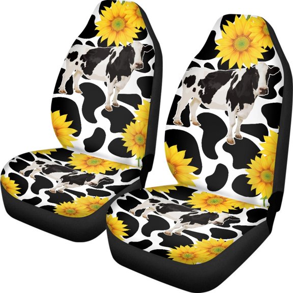Psesaysky Cow Sunflower Vehicle Seat Covers, 2 Pack Front Seat Cover Stretch Breathable Polyester Automotive Interior Decorative Accessories