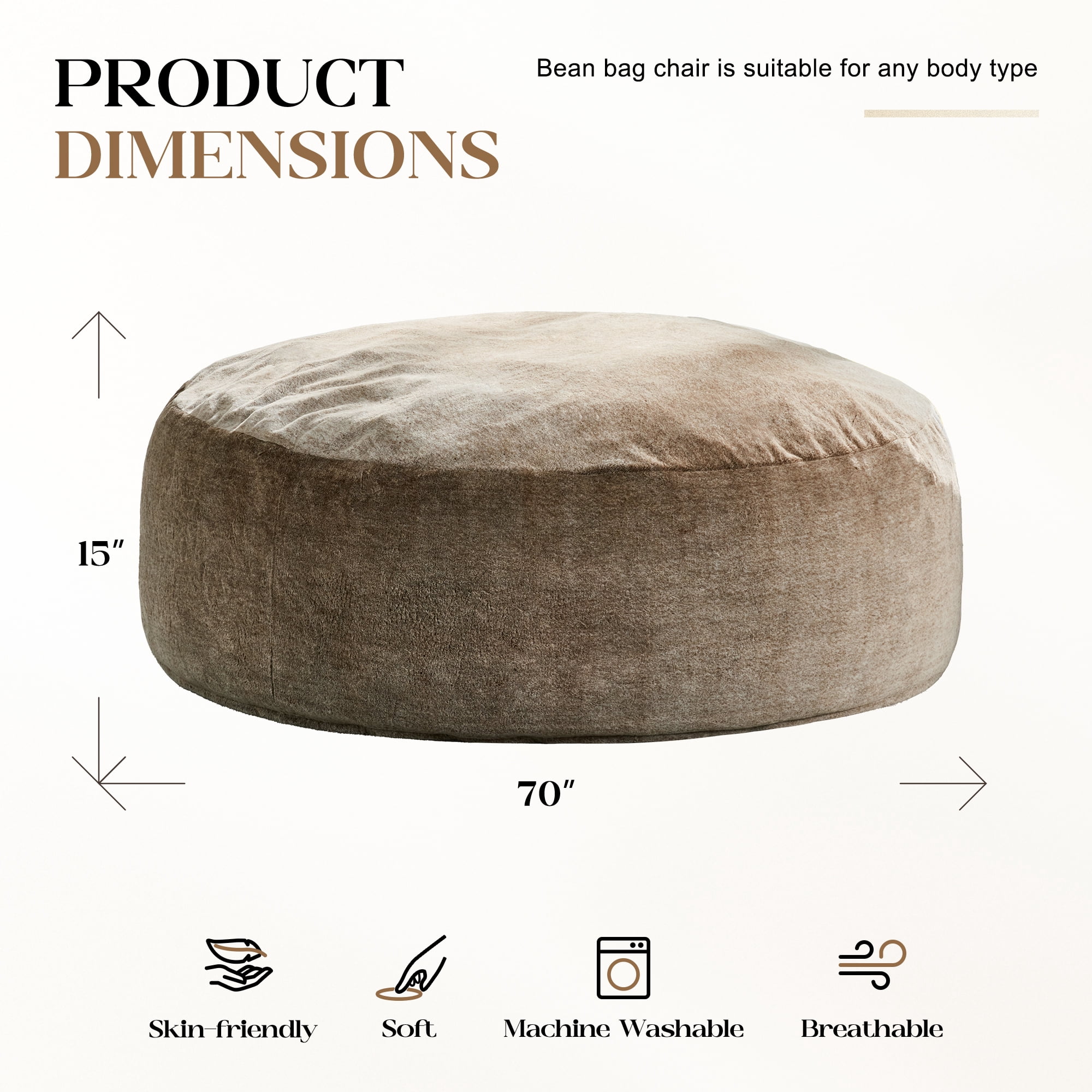 Hobestluk Bean Bag Chairs Giant Beanbag Chair with Filler, Memory Foam Bean Bags with Machine Washable Cover, Bean Bag Chairs for Adults for Living Room, Bedroom (BROWN, 6FT - 70" x 70" x 15")