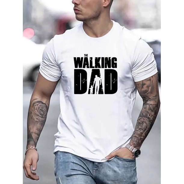 Camiseta informal de cuello redondo para hombre con estampado "The Walking Dad", 100 % poliéster, ligeramente elástica, corte regular, manga corta de verano, moderna y cómoda - 180 g/m²