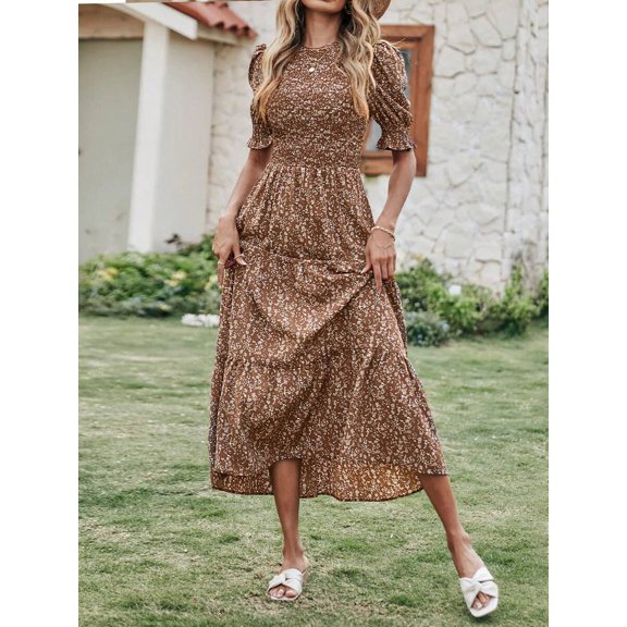 Coffee Brown Floral Smocked Maxi Dress With Ruffle Short Sleeves Crew Neck Boho Flowy Summer Vacation Dress