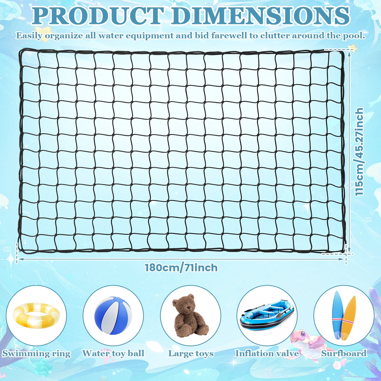 Grusce Pool Float Net Storage Bag, 71" x 45" Large Hanging Pool Toy Storage Mesh Net, Adjustable Poolside Fence Organizer for Swimming Ring Balls Inflatables with 10 Hooks & 10 Cable Ties