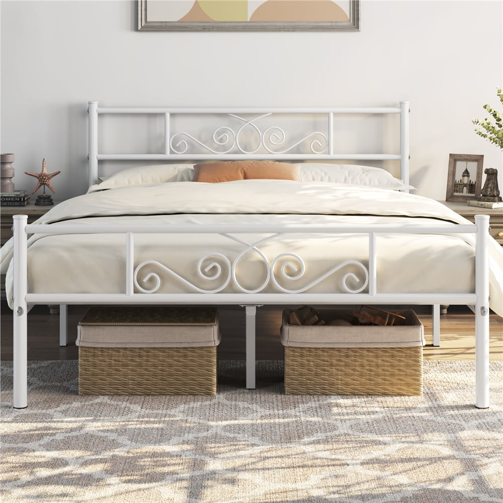 Fullfurnique Metal Platform Bed Frame with Scroll Headboard and Footboard, Full, White