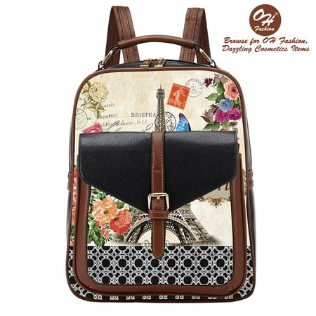 Handbag Backpack European Dream Paris Design Rucksack Travel Bag Color Black with City (Best Wheeled Backpack For Europe Travel)
