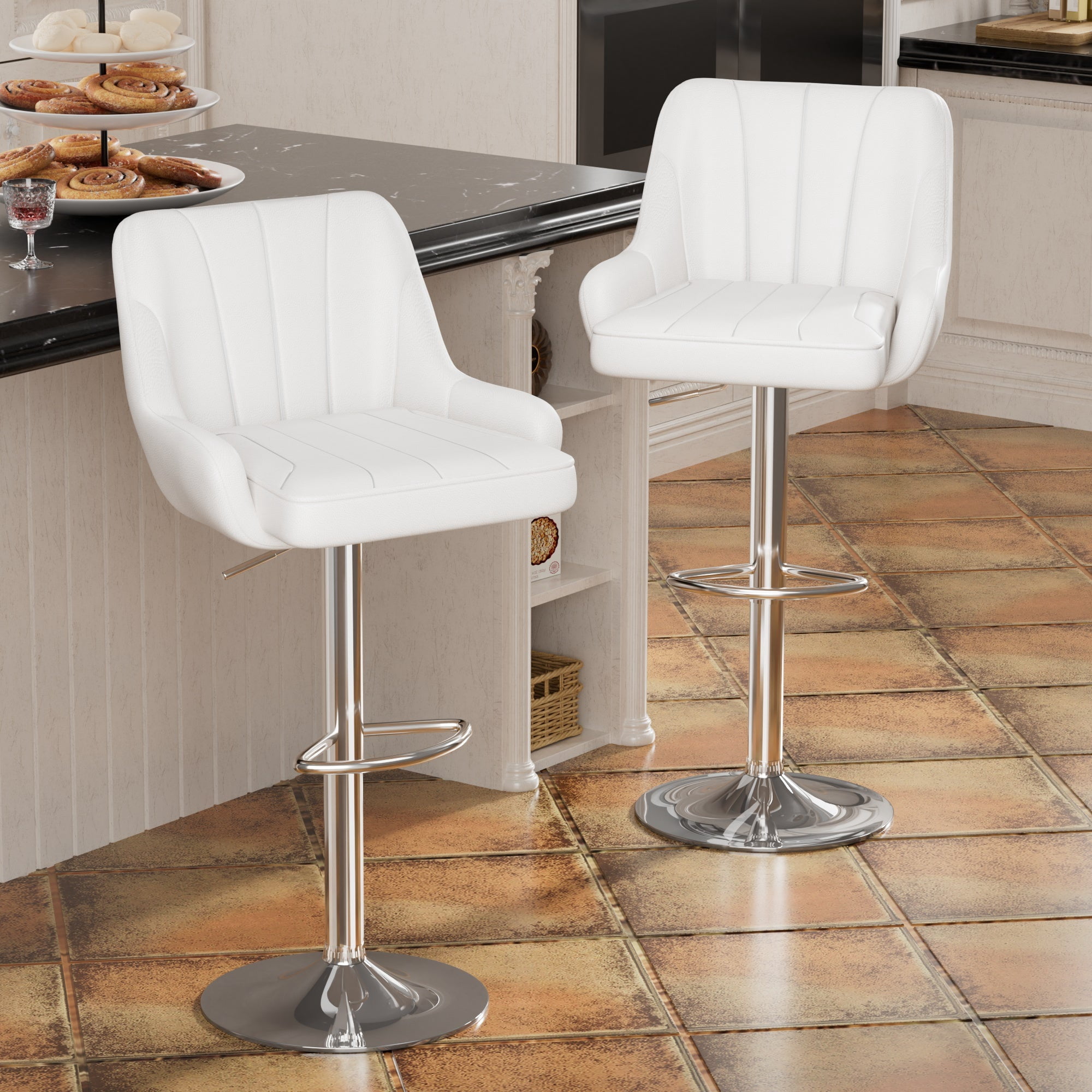 VECELO Set of 2 Swivel Bar Stools, Adjustable Counter Height Barstools Faux Leather Chair with Backrest and Armrest, White