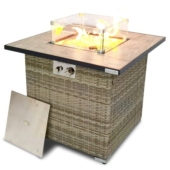 SereneLife Propane Fire Pit Table, 50000 BTU CSA/ETL Certified Safe Gas Table with Sturdy Wicker Base, Stainless Steel Burner, Glass Wind Guard & Cover, Outdoor Fireplaces for Parties
