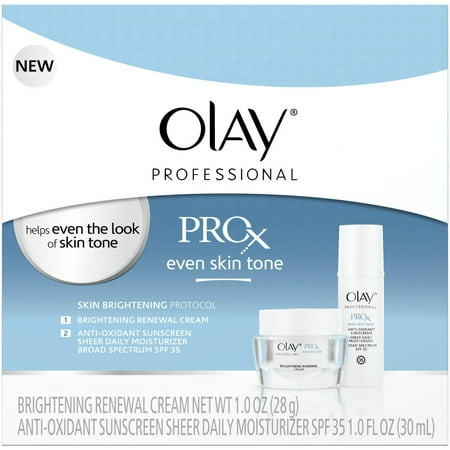 Olay Professional Pro-X Even Skin Tone Skin Brightening Protocol, Brightening Renewal Facial Cream + Anti-Oxidant Sunscreen Sheer Daily Facial Moisturizer Broad Spectrum SPF 35 1 Kit