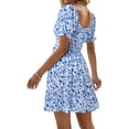 thumbnail image 6 of Square Neck Womens Boho Floral Smocked Short Sleeve Ruffle Beach Summer Mini Dress, 6 of 7