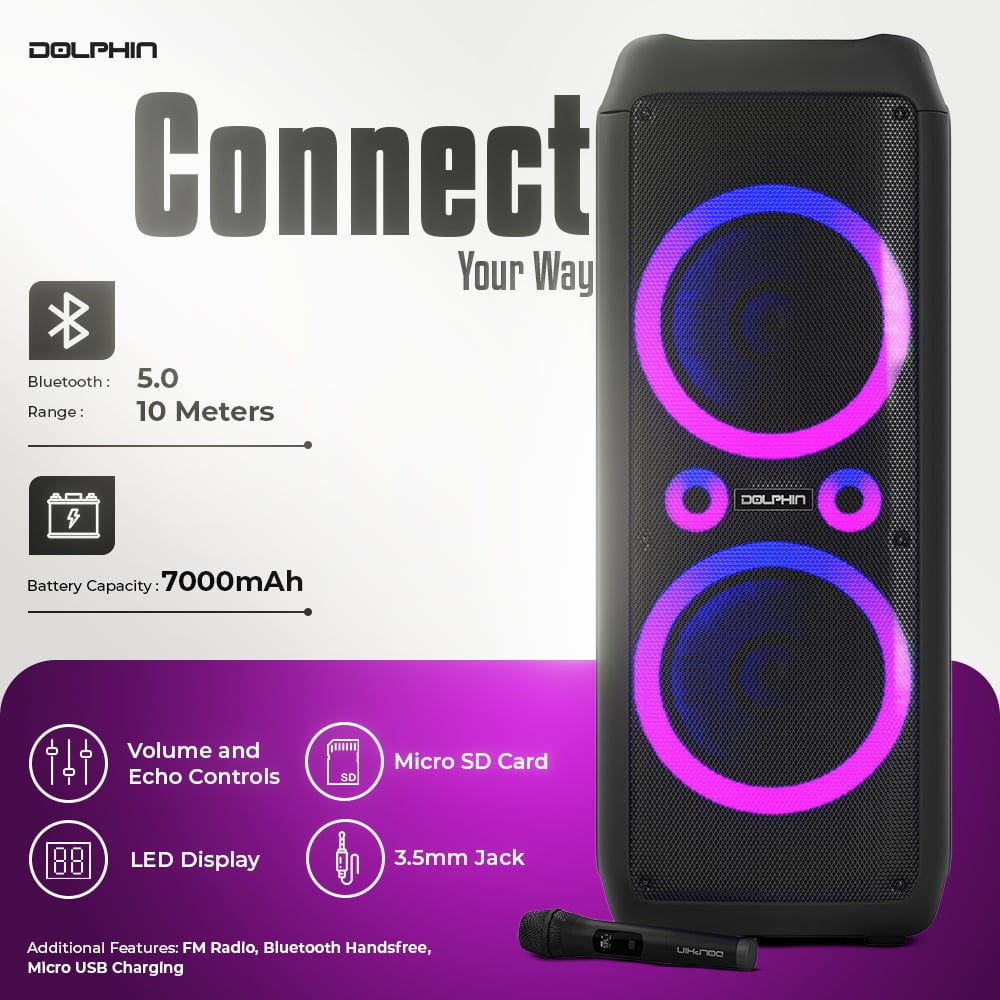 Dolphin SP-1270RBT Dual 12-Inch Premium Party Bluetooth Speaker, Bluetooth/USB/SD/FM/AUX, X-Bass, 5-Band EQ, LED Display, Quad Ring Lights