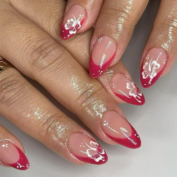 JZROCKER 24pcs Almond Stick on Nails Press On Nails with Flower Designs French Tip False Nails Winter Nails Accesories for Women
