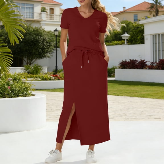 gbyLJF Two Piece Skirt Sets for Women Short Sleeve Top Matching Long Skirts Summer Vacation Travel Outfits