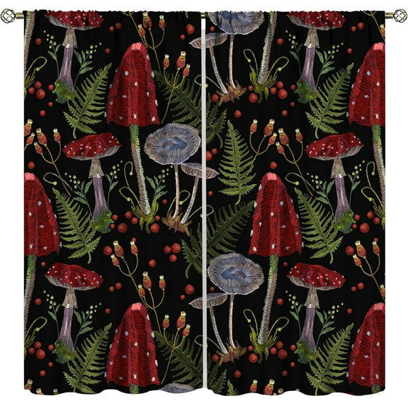 Mushroom Blackout Curtains, Colorful Cartoon Style Abstract Illustration Print Window Treatments for Living Room, Seamless Pattern Curtain 2 Panel, 55x63 Inch