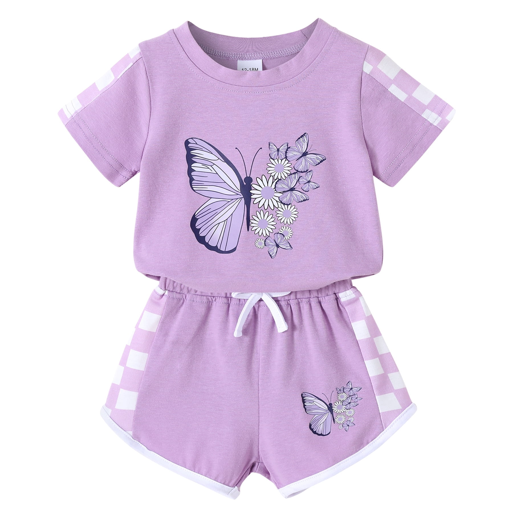 Happy Town Toddler Baby Girl Summer Outfits Butterfly Print Short Sleeve T-Shirt + Shorts Girls Two-Piece Clothes Set