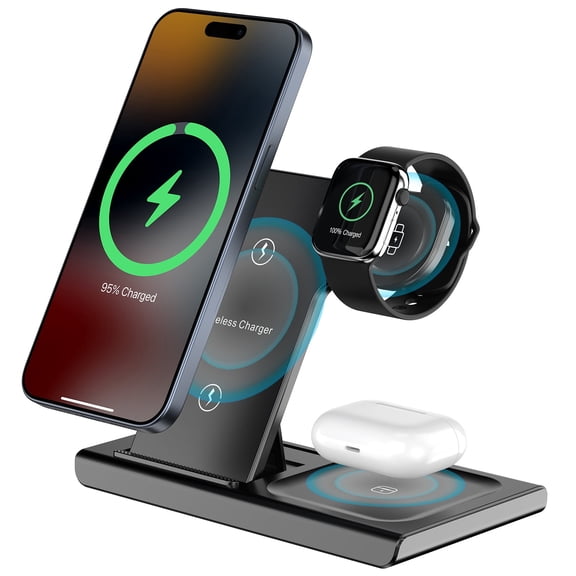 Wireless Charger, 15W Fast iPhone Charging Station Compatible for iPhone 17/16/15/14/13/12/11/Pro Max/Plus, 3 in 1 Wireless Charger Stand for iWatch SE 11/10/9/8/7/6/5/4, Airpods Pro 2/3/4