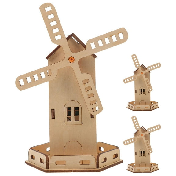 WEUVEB 3Pcs Solar Powered Windmill Kit with Wooden House Model Easy Stem Assembly