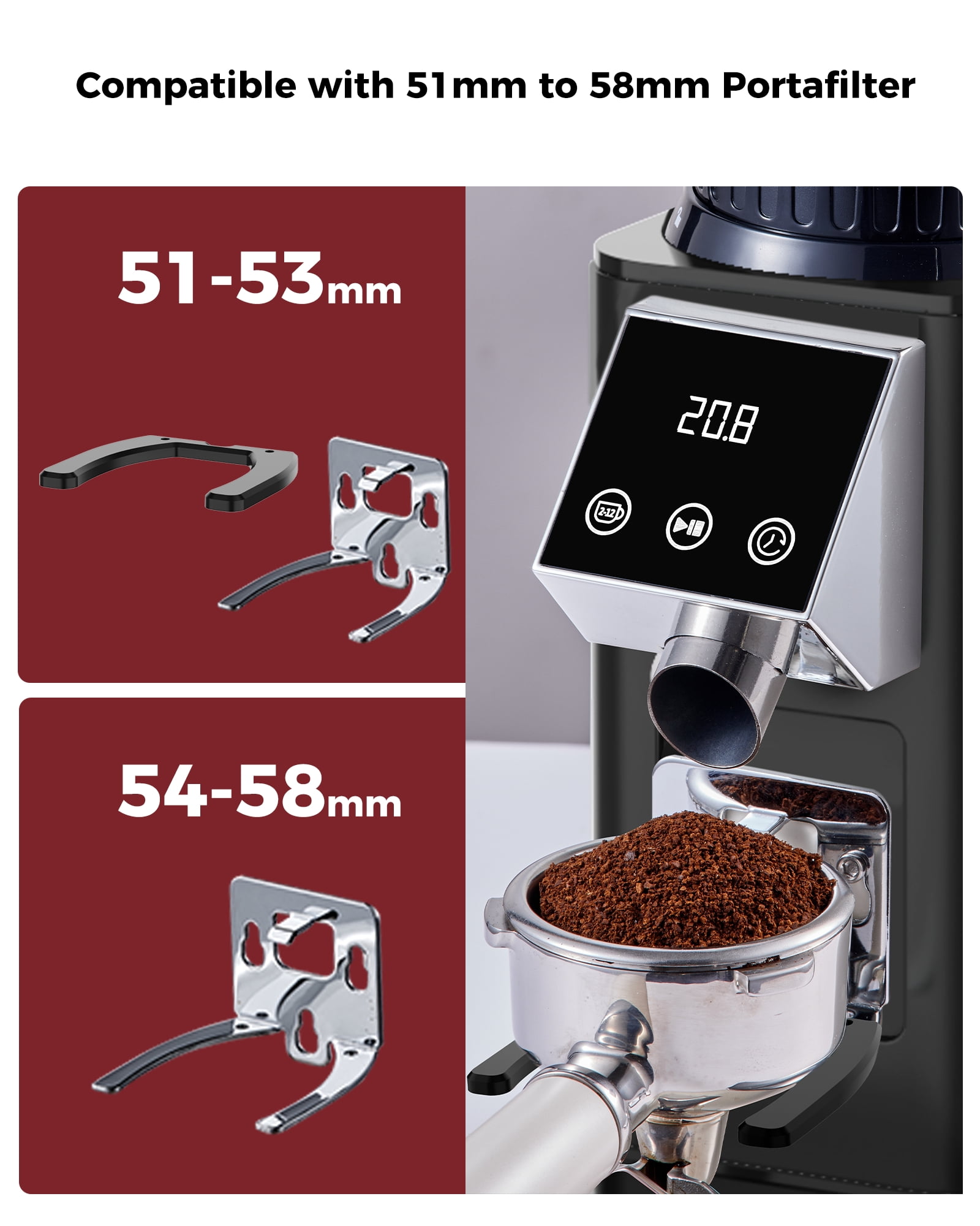 Tuni G1-N Conical Burr Coffee Grinder, 48 Grind Settings Anti-static Burr Mill, Precision Electronic Timer and LED Touchscreen for Espresso/Drip/Cold Brew/French Press, Stainless Steel, Black