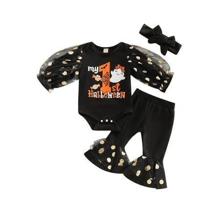 

Ma&Baby Infant Girl Halloween Outfit Long Sleeve Patchwork Letter Ghost Print Romper + Pants + Hairband