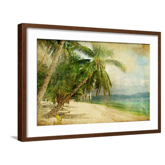Art.com Tropical Beach -Retro Styled Picture Photographic Print by Maugli-l, Brown Frame Wall Art, 29" x 21"