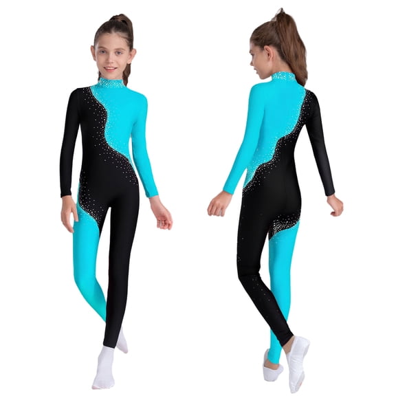 iiniim Girls Long Sleeve Shiny Rhinestone Gymnastics Leotard Full Length Figure Skating Jumpsuit Bodysuit Light Blue 12