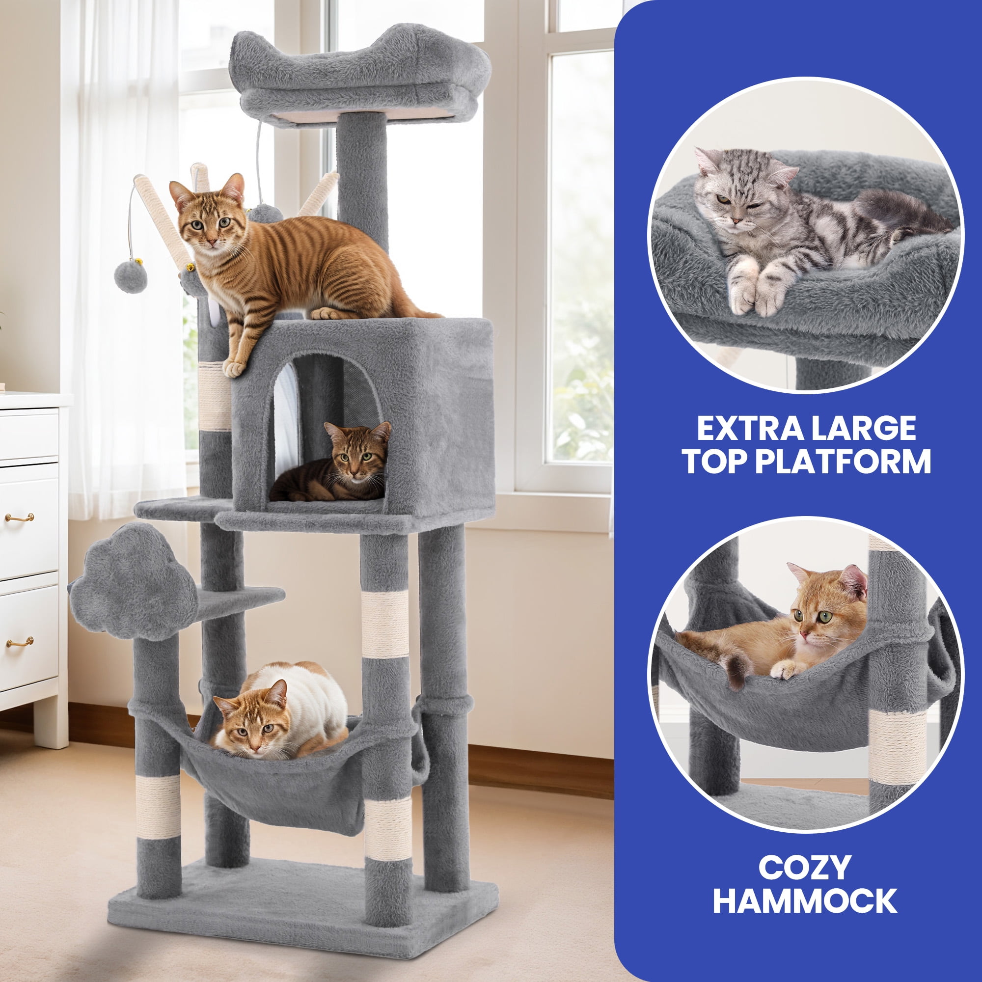 Uforic Cat Tree Tower 44" Multi-Level Cat Condo with Scratch Posts&Hammock for indoor Small Cats, Light Gray